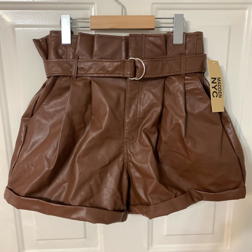 Madden NYC Women's High Waist Brown Leather Shorts